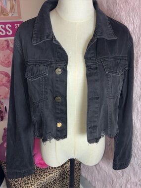 Black distressed denim cropped jacket